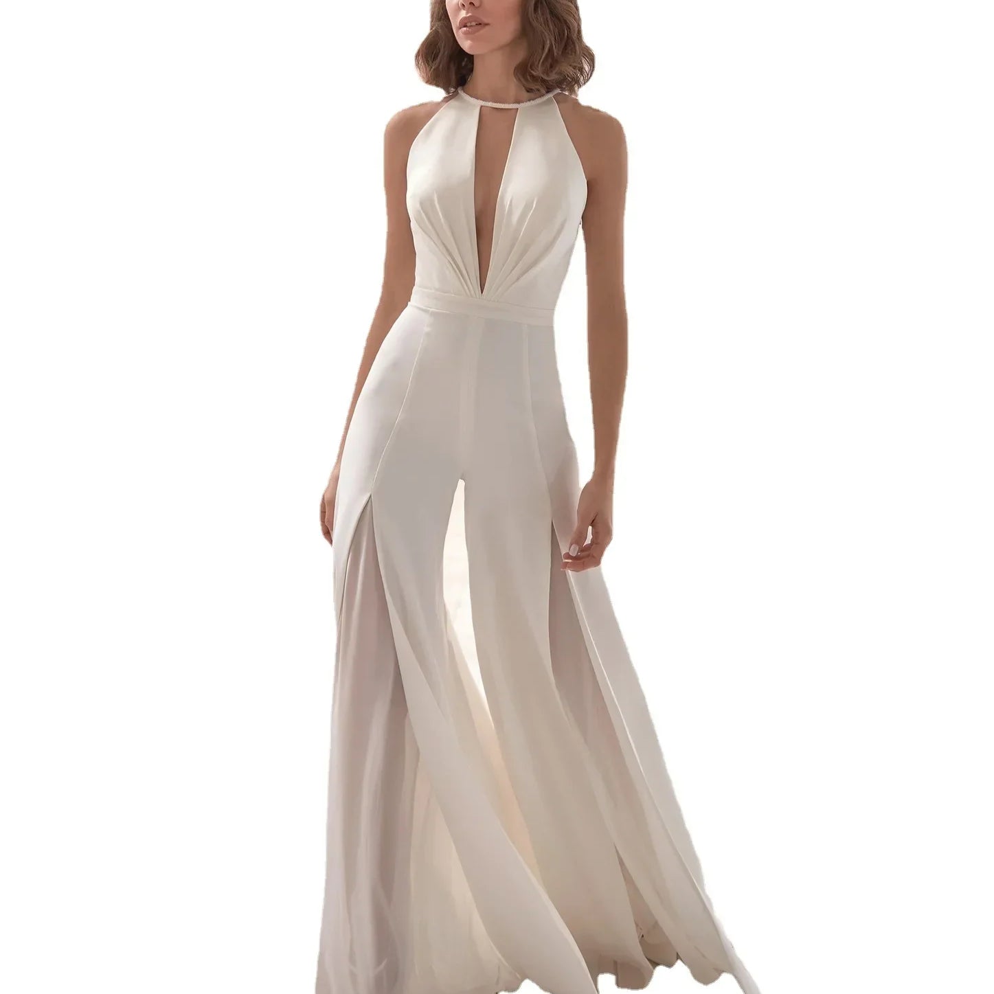 Sexy Deep V-neck Jumpsuit Wedding Pant Suits For Brides Wedding Jumpsuits Women Elegant Formal Dress