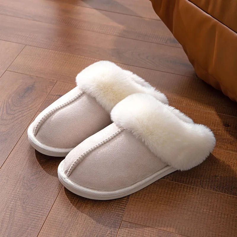 Winter Warm Flat Fur Slippers Women Faux Suede Fluffy Furry Home Slides Woman Comfort Non Slip Indoor Floor Cotton Shoes Beige