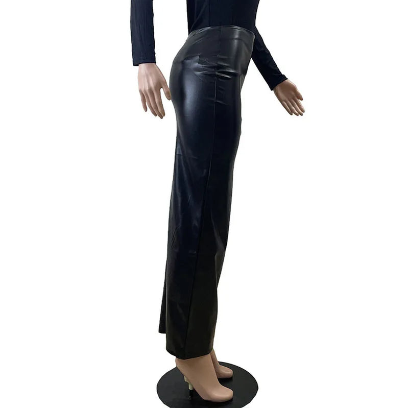 Mutevole Sexy Pu Leather Full Zipper Long Skirt Women Black Faux Leather High Split Slim Fit Maxi Skirt