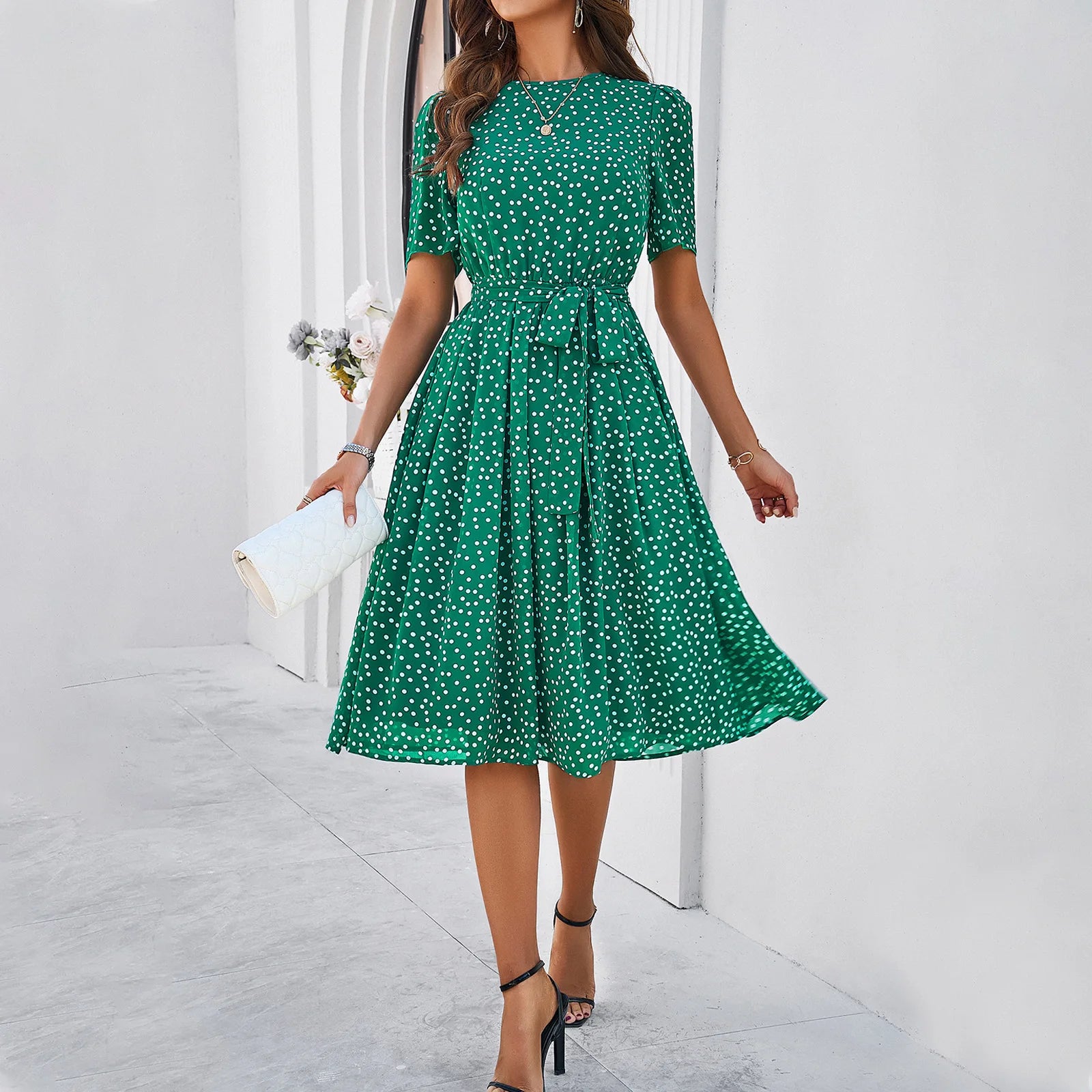 Elegant Office Lady Lace Up Dress Women Casual Short Sleeved Women's Dress 2024 Spring Summer Polo Dot Printed Dress Up