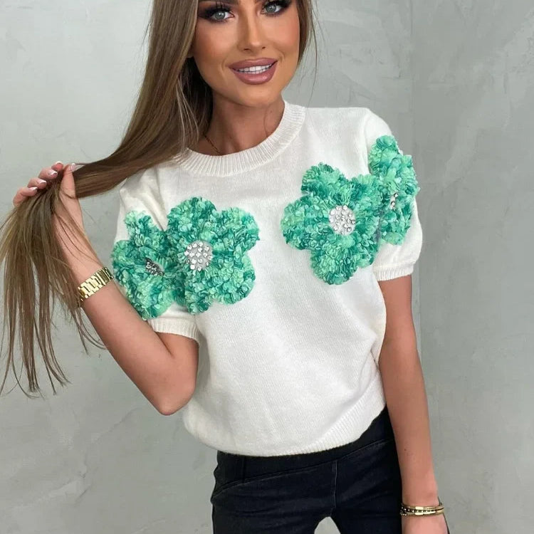 Fashion Women 3D Flower Knitted Sweater Elegant Lady O Neck Short Sleeved Pullover Tops Chic Female Commute Street Outfits White Green