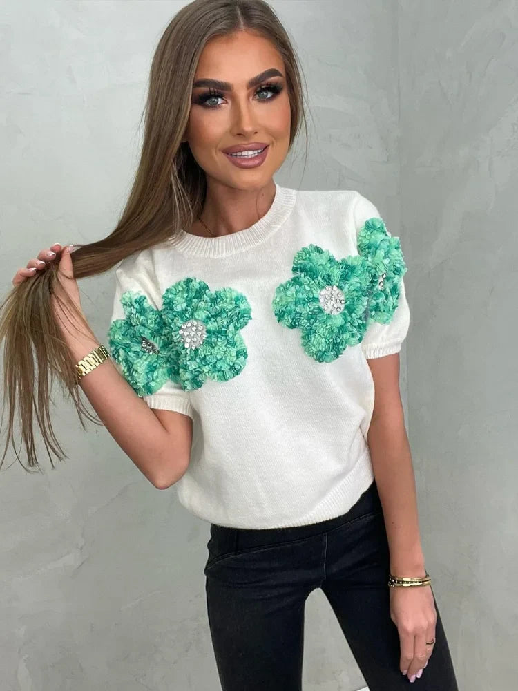 Fashion Women 3D Flower Knitted Sweater Elegant Lady O Neck Short Sleeved Pullover Tops Chic Female Commute Street Outfits White Green