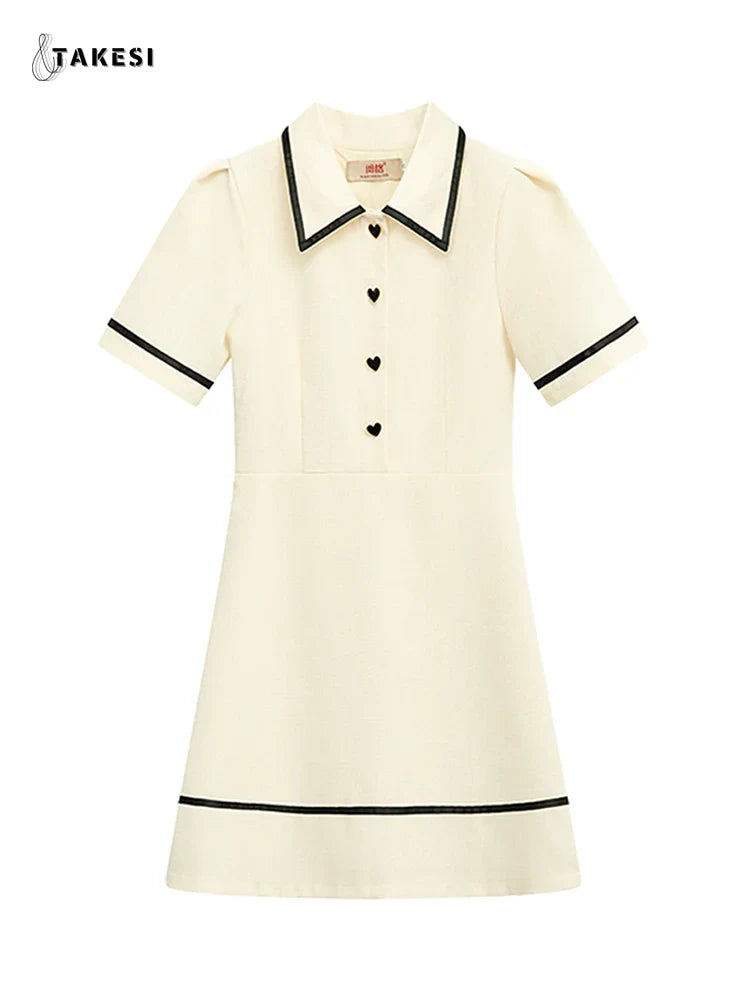 Women's Summer Puff Sleeves Turndown Collar Polo Shirt Dress French Cute Classic Preppy Style Golf Tennis Mini Dresses Y2K Beige CHINA