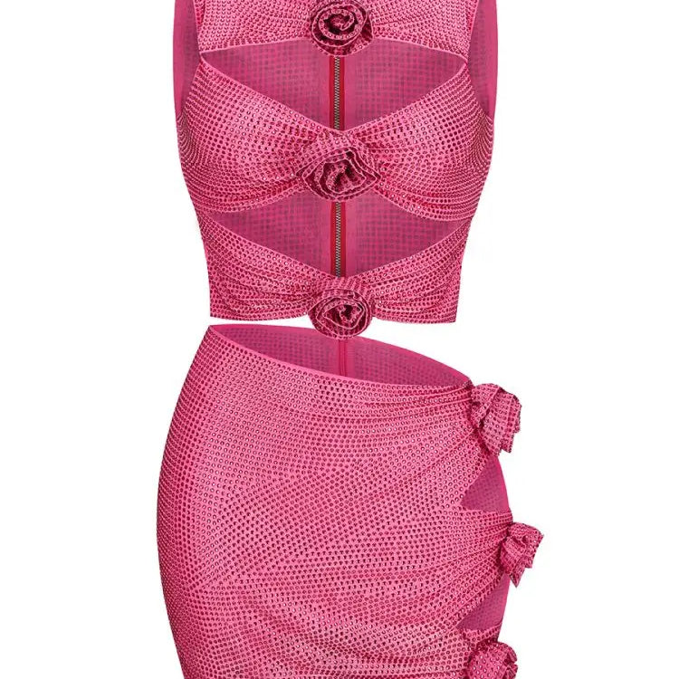 VC Women'S Luxury Party Dress Sparkly Silver Rhinestone Sexy Cut Out Beautiful 3D Flowers Decoration Tank Mini Dress Vestido Rose Red