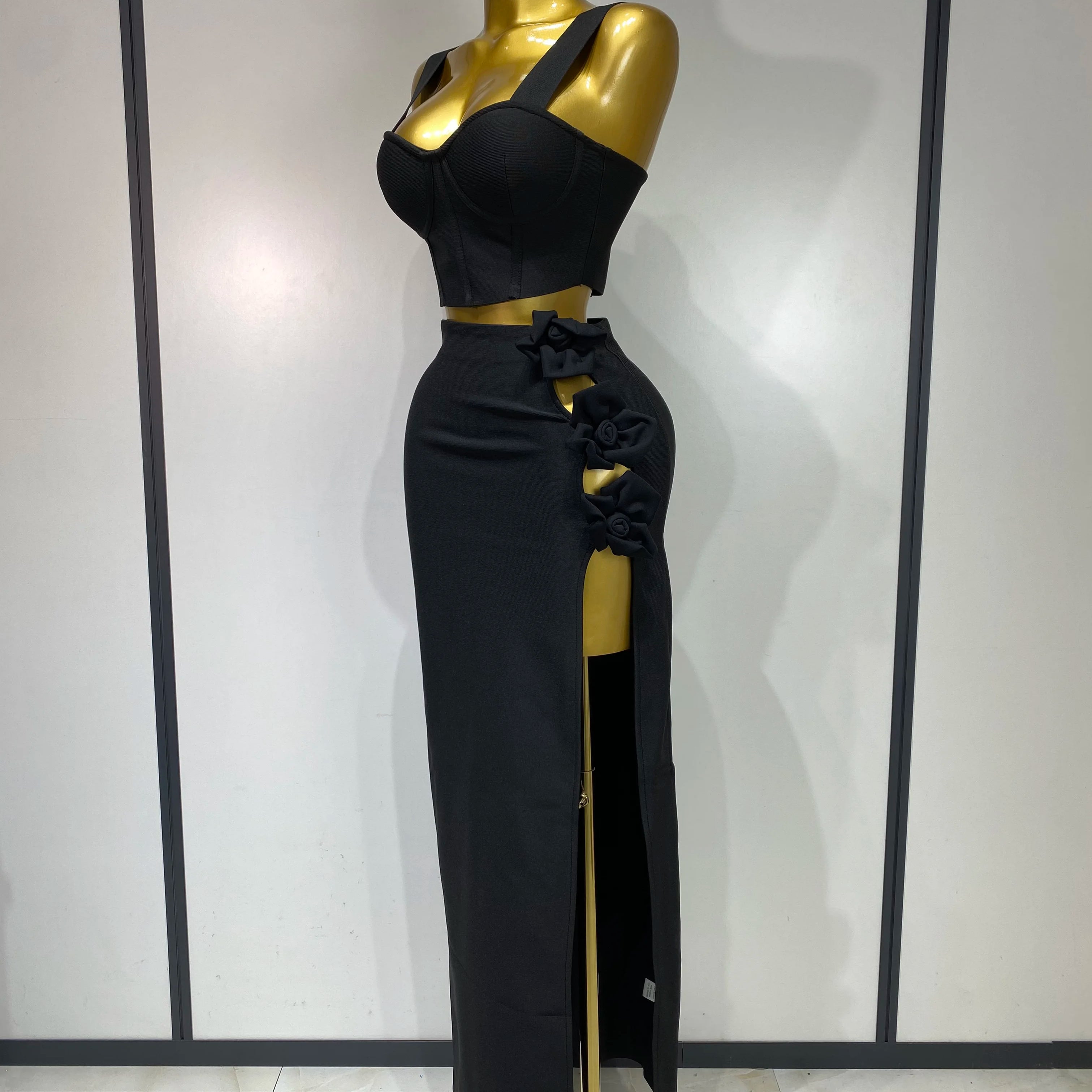 Summer New 2025 Women Sexy Flower Black Red Bandage Two Piece Set Celebrity Evening Party Skirt Suits Luxury Birthday Outfit