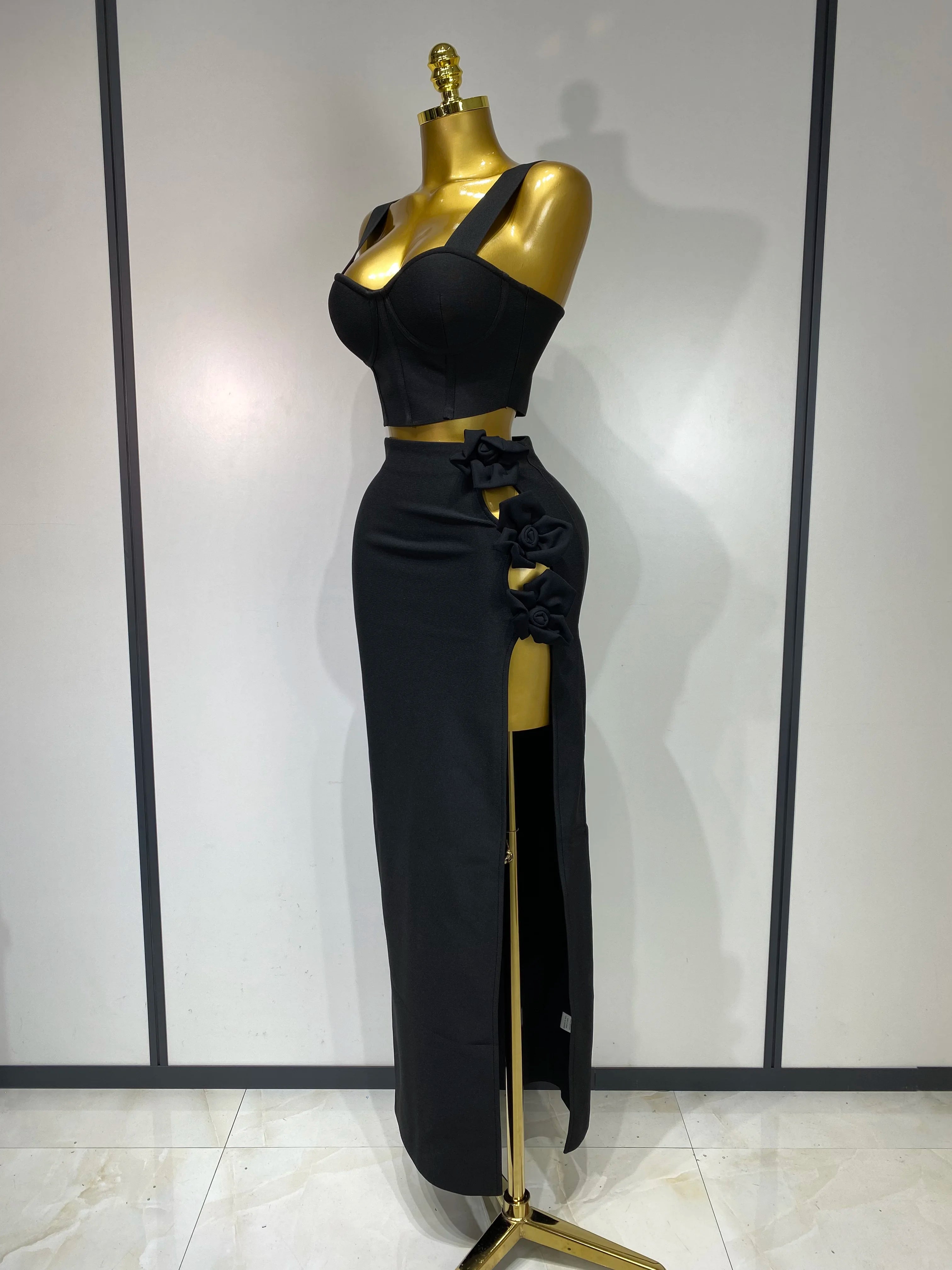 Summer New 2025 Women Sexy Flower Black Red Bandage Two Piece Set Celebrity Evening Party Skirt Suits Luxury Birthday Outfit