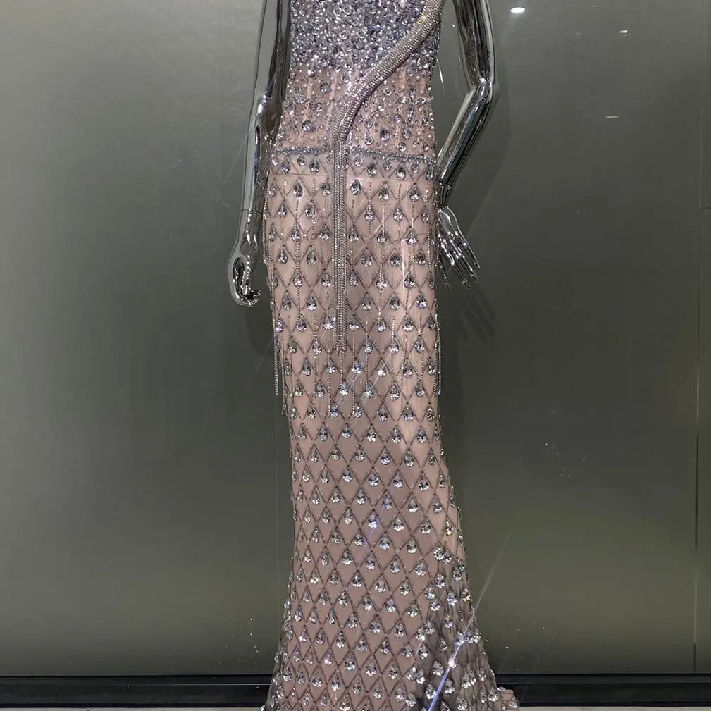 High Quality Super Shining Crystal Mesh See Through Floor Lenght Dress Woman Birthday Party Dress Stage Performances Costume