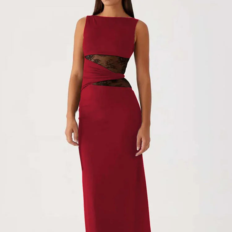 Sheer Lace Sleeveless Sexy Maxi Dress For Women Gown Summer Patchwork Fashion O Neck Bodycon Long Tank Dress Vestido