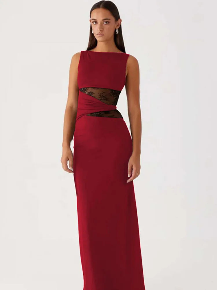 Sheer Lace Sleeveless Sexy Maxi Dress For Women Gown Summer Patchwork Fashion O Neck Bodycon Long Tank Dress Vestido