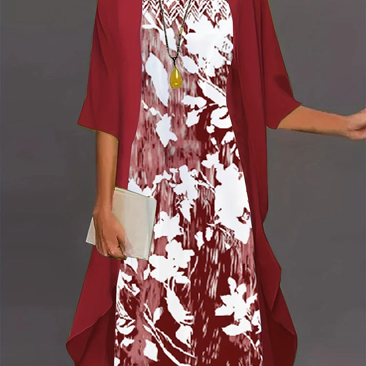 Plus Size 2024 Autumn Women's Floral Printed Long Dress Printed Pattern Two-piece Dress Round Neck Temperament Elegant Dress