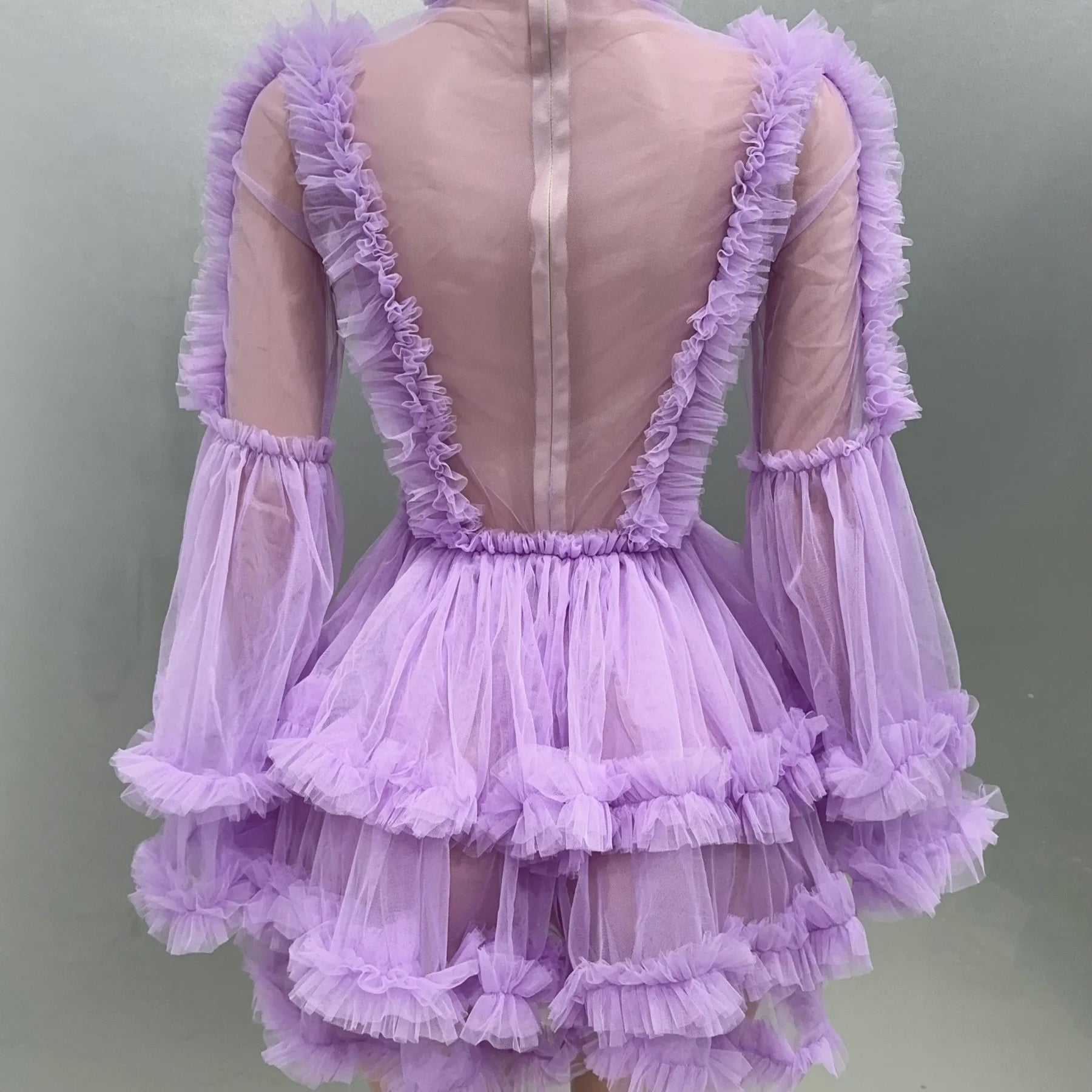 Purple Color Women Sexy  Puff Sleeve Mesh Ruffles Mini Dress Birthday Celebrate Party Girls' Photo Shoot Wear Vestido