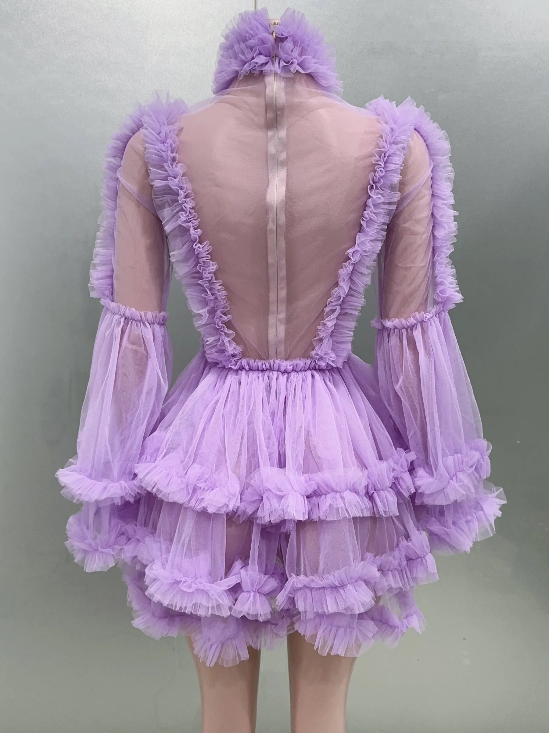 Purple Color Women Sexy  Puff Sleeve Mesh Ruffles Mini Dress Birthday Celebrate Party Girls' Photo Shoot Wear Vestido