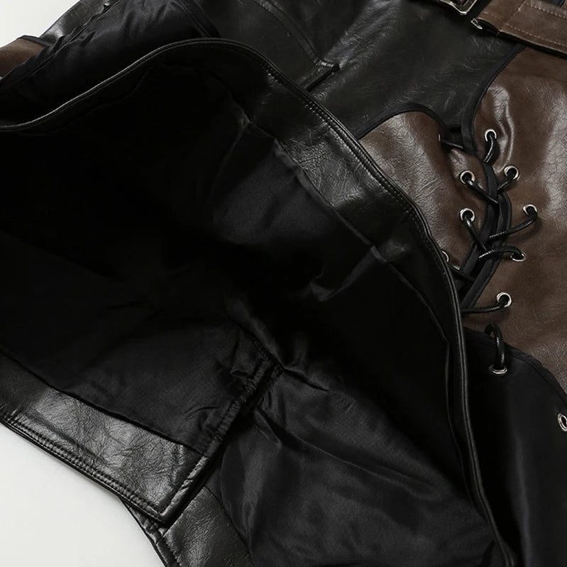 Women Retro High Waist Leather Skirt Asymmetrical Lace Up Bandage Colorblock Belt Designer Mini Skirt