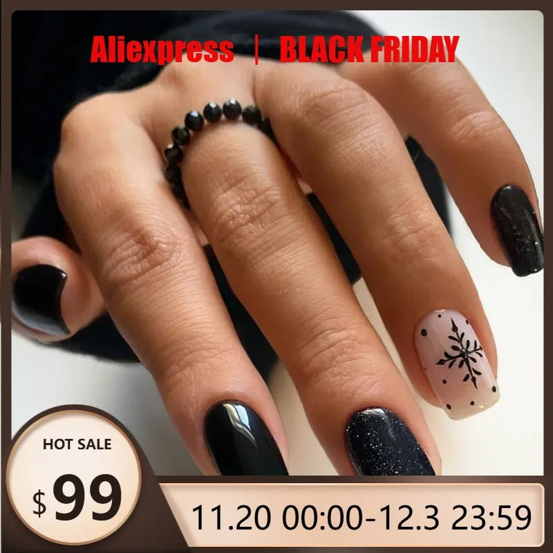 24Pcs Christmas Fake Nails Sweet & Cool Black & White Snowflake Minimalist Press-On Nails Perfect for Gift To Girls and Friends