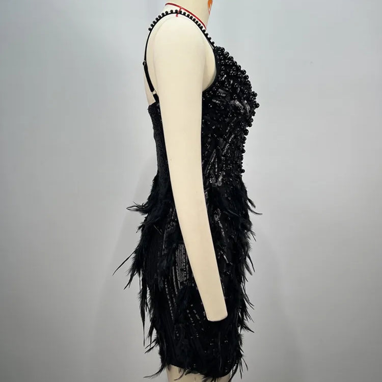 Sexy Sleeveless Backless Feather Black Pearl Sequins Mini Women Celebrity Dress 2024 Elegant Party Evening Club Vestido