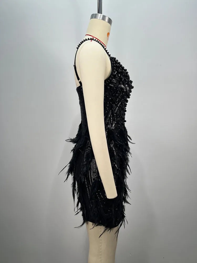 Sexy Sleeveless Backless Feather Black Pearl Sequins Mini Women Celebrity Dress 2024 Elegant Party Evening Club Vestido