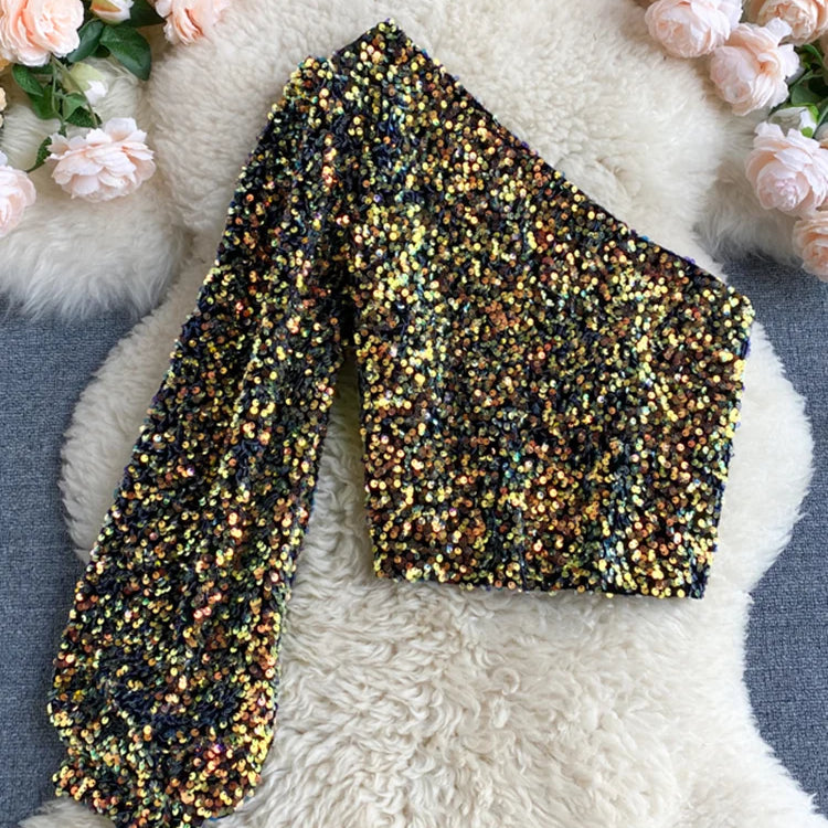 Fall 2024 Oblique Collar T-shirt Strapless Unilateral Puff Sleeve Slim Fit Short Sequined Top