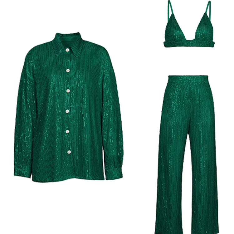 Tossy Sparkly Two-piece Set Party Outfits For Womens Sequin Top Blouse Shirt And Pants Suit Female Luxury Evening Tracksuit New Green Suit