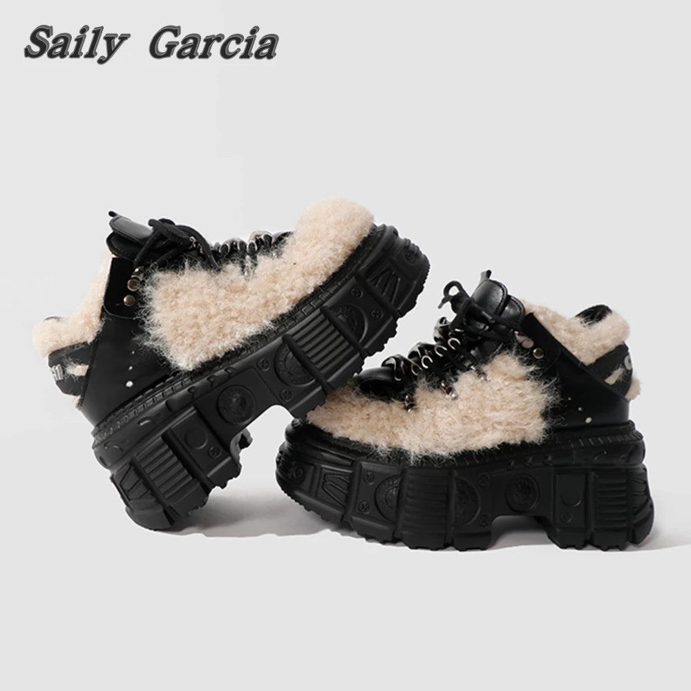 Short Plush Rock Punk Style WaterProof Platform Ankle Boots Winter New Metal Lace Up Women Shoes Round Toe Sculpted Sole Boots