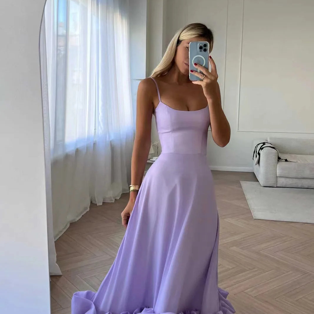 Bridal Luxury Evening Dresse Slim Fit Slash Neck A-LINE Sleeveless Ankle-Length Solid Chiffon Dress Women purple