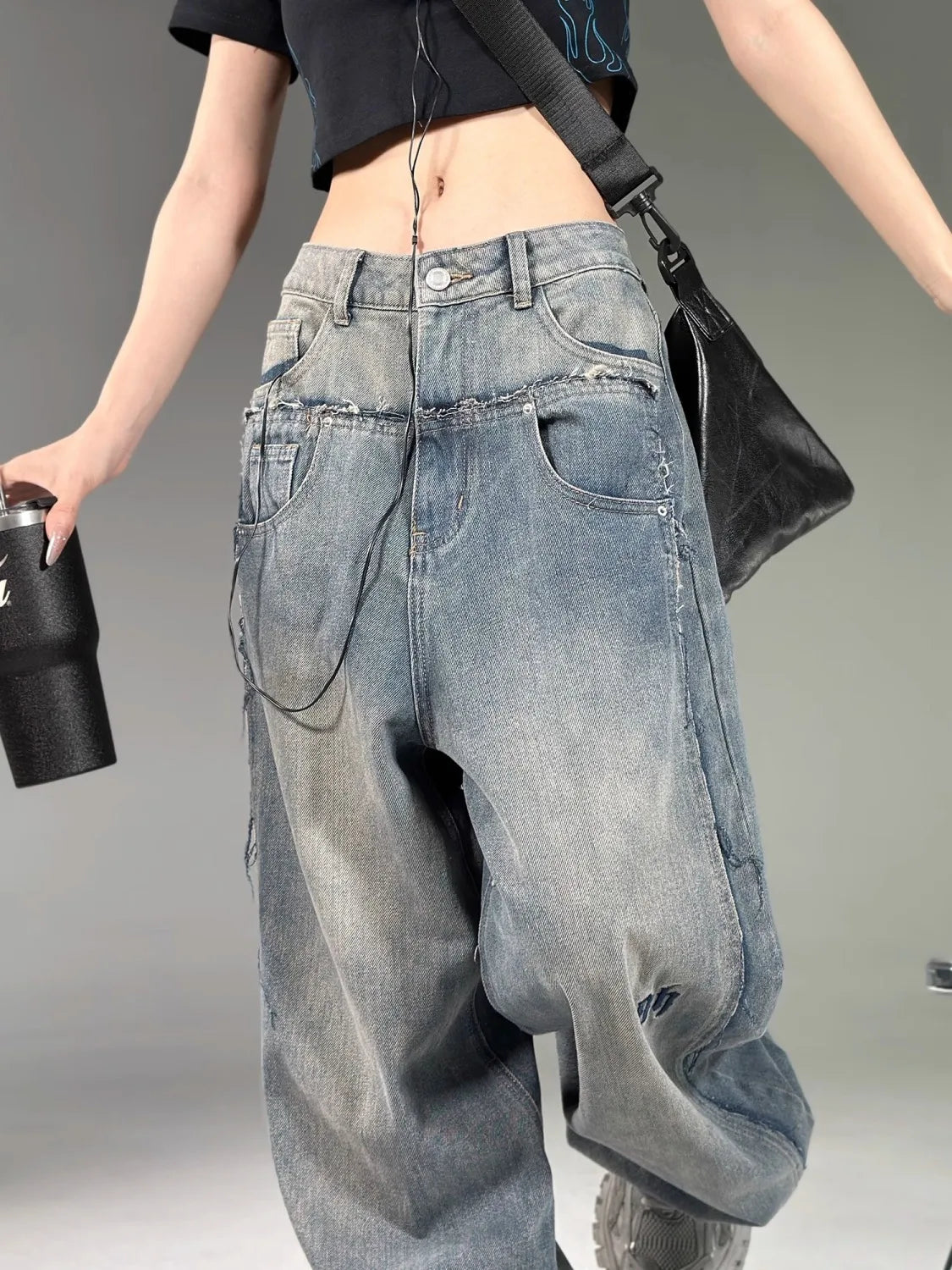 YOUYIDE Vintage Y2K Baggy Jeans Women's Korean Style Streetwear Grunge Oversized Denim Cargo Pants Hippie Harajuku Trousers