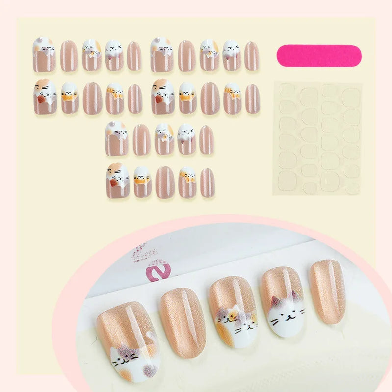 30pcs Cat Eye Cartoon Press on Nails Design False Nail for Women&Girl Short Oval Full Coverage Nail Tips Removable Wearable Nail
