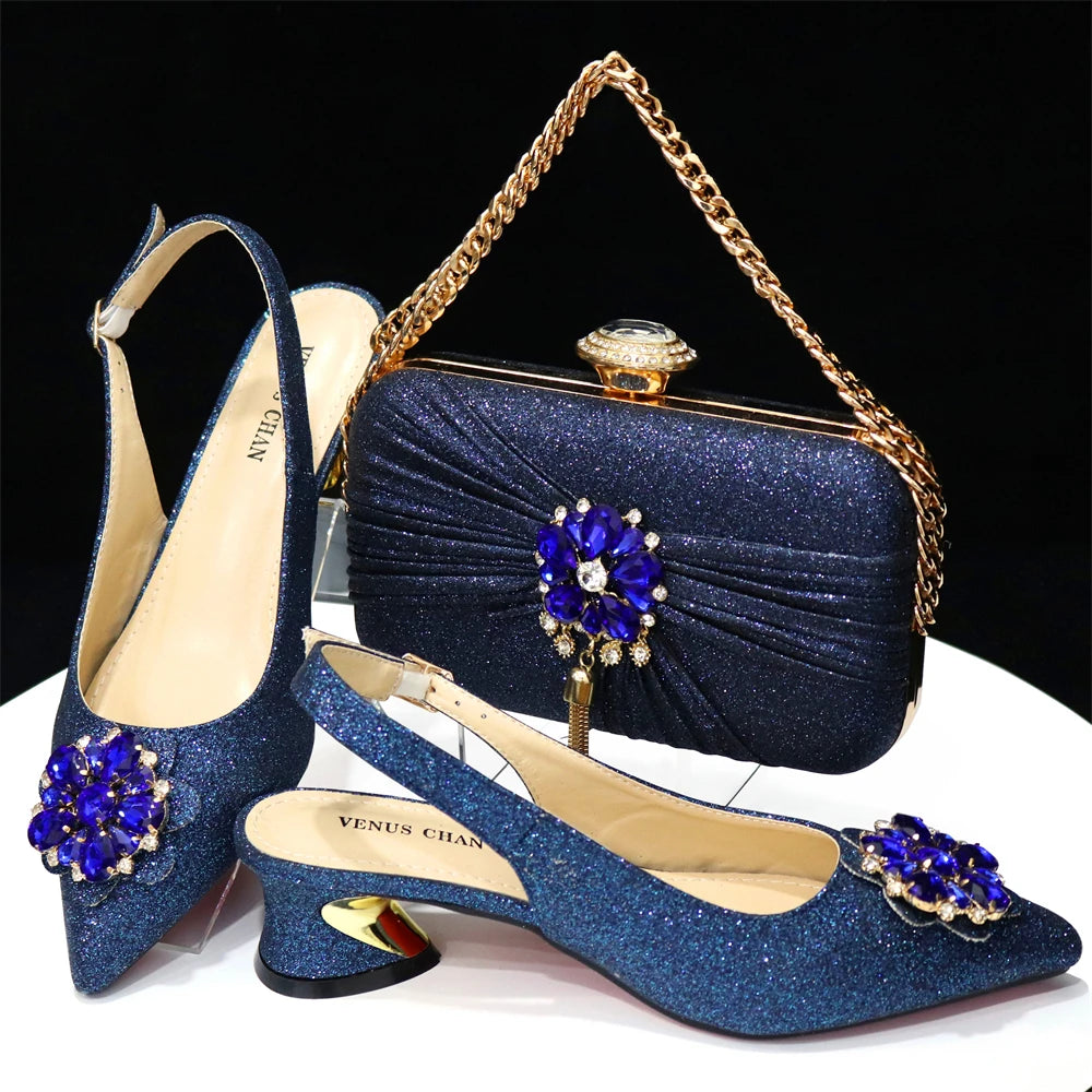 Striper Snake Pattern Rhinestone Flower Summer Shoes for Women Sandals Shoes and Bag for Party Blue