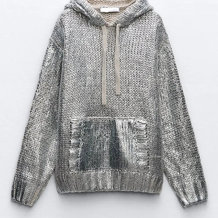 Women Chic Metallic Rib Trim Foil Hooded Sweater Casual Long Sleeve Drawstring Pullover Top Autumn Lady Elegant Sweatshirt