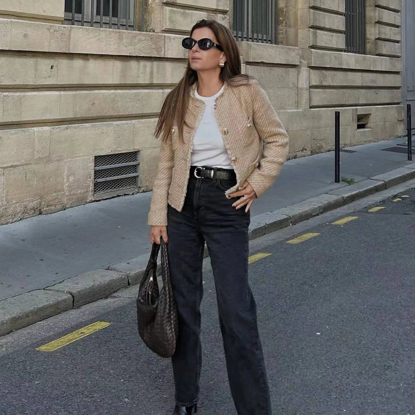 Short Tweed Coat Women Autumn Fashion Elegant O-neck Long Sleeve Botton Frayed Pockets Jackets Female Outwear Office Lady Coats