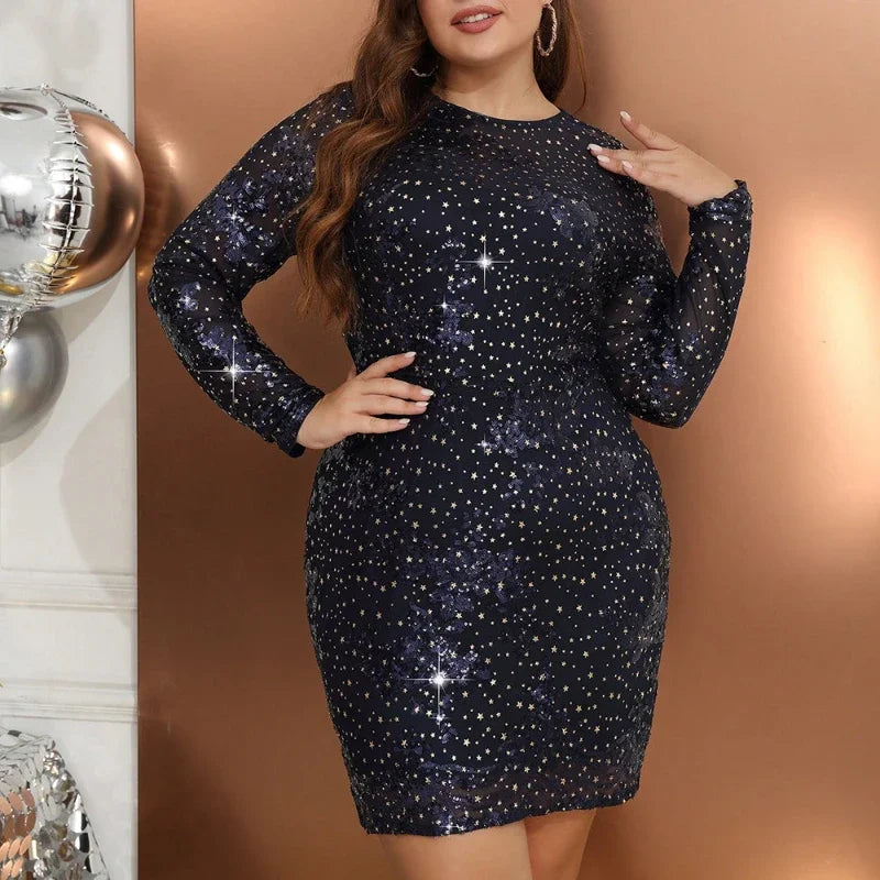 Sparkly Shiny Dresses for Women O Neck Long Sleeve Sequins Package Hip Sexy Mini Evening Birthday Party Plus Size Gowns 2024 Navy Blue