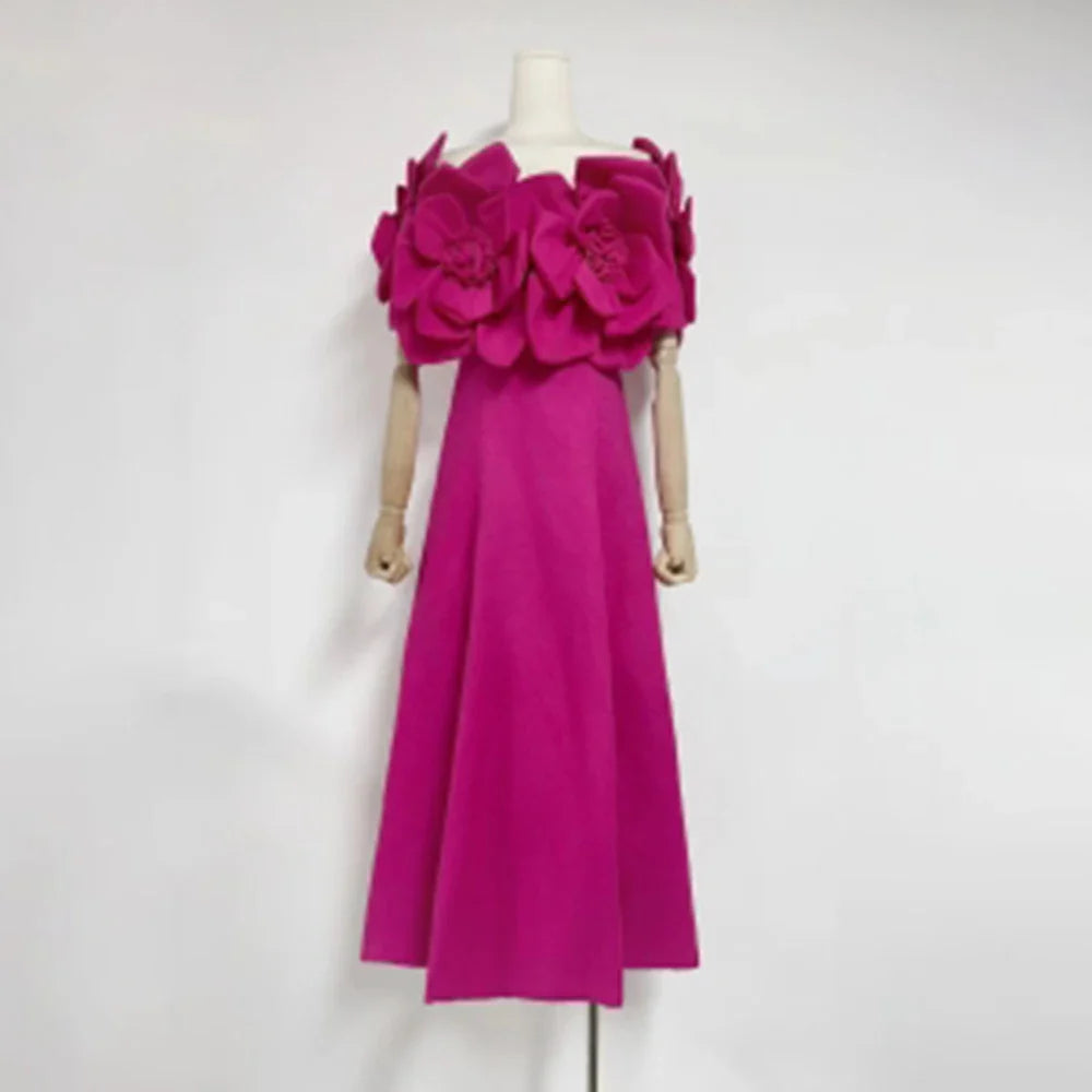 Solid Slimming Elegant Dresses for Women Strapless Off Shoulder Patchwork 3D Flowers Fashion Dress Female Clothing