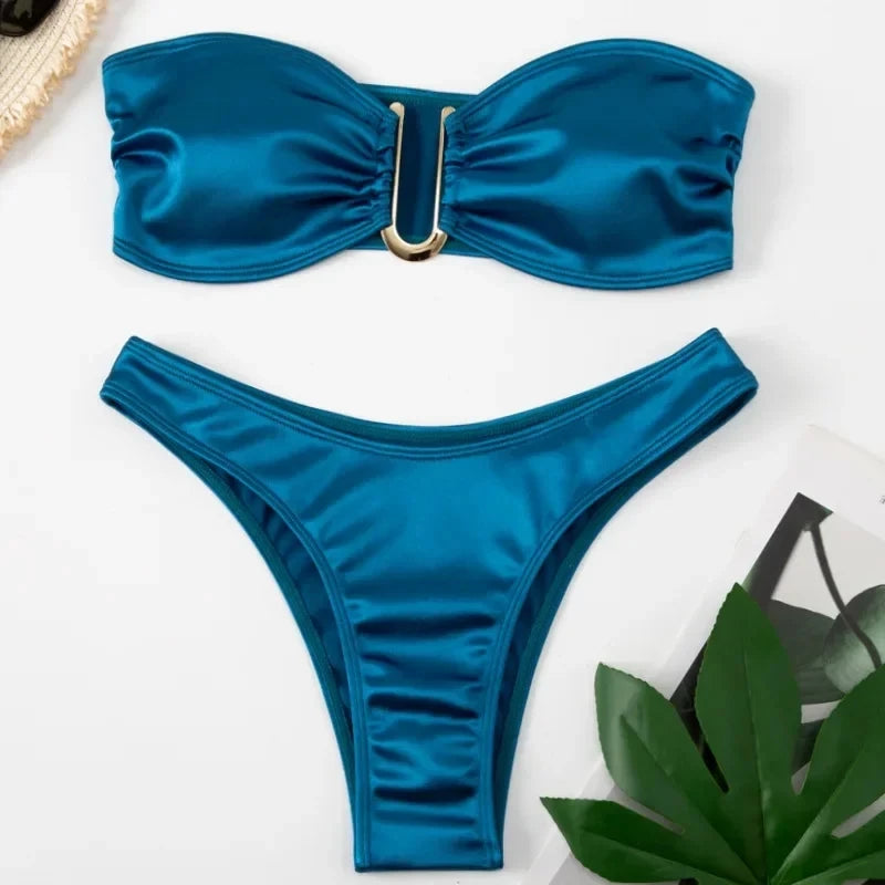 Sexy U Shaped Bandeau Bikinis Set Mujer Strapless Swimwear Women Gold Swimsuit Bathing Suit Biquinis Brazilian Bikini Swim 2024 green 2