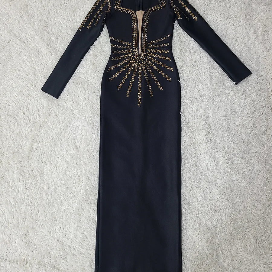 Women Long Sleeve Sexy Golden Rhinestones Bodycon Long Bandage Dress Nightclub Party Celebrate Fashion Dress