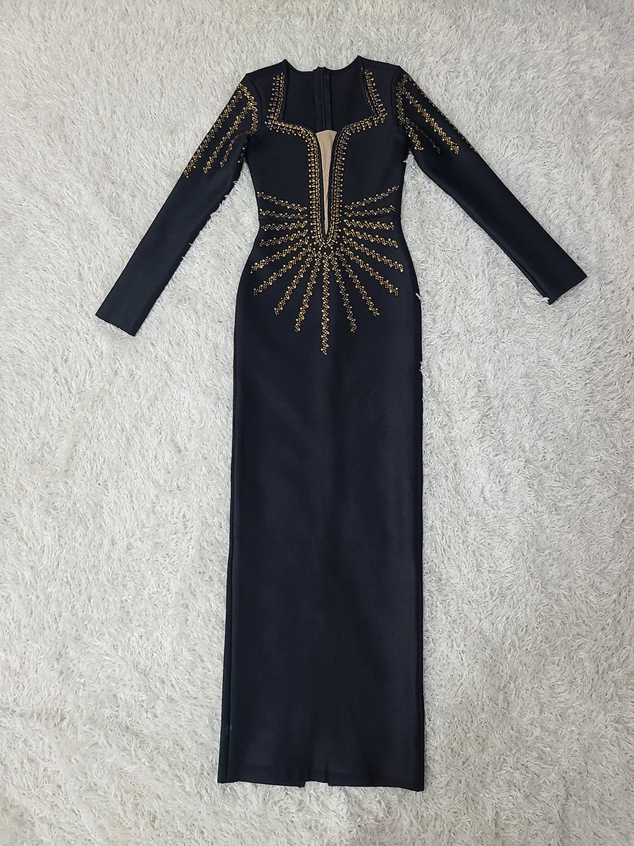 Women Long Sleeve Sexy Golden Rhinestones Bodycon Long Bandage Dress Nightclub Party Celebrate Fashion Dress
