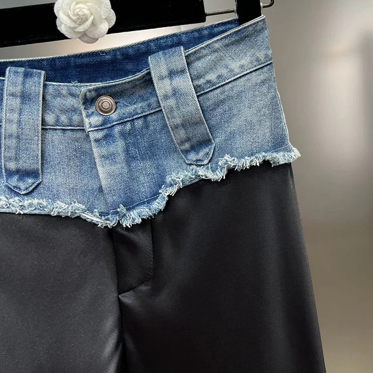 DEAT Denim Patchwork Straight Pants Women's High Waist Slim Personality Streetwear Versatile Trousers 2023 Summer New 11XX4063