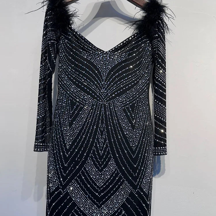 Luxury Woman Evening Dress Chic Feather Shoulder Black Rhinestone Studded Birthday Cocktail Dress Celebrities Outfits