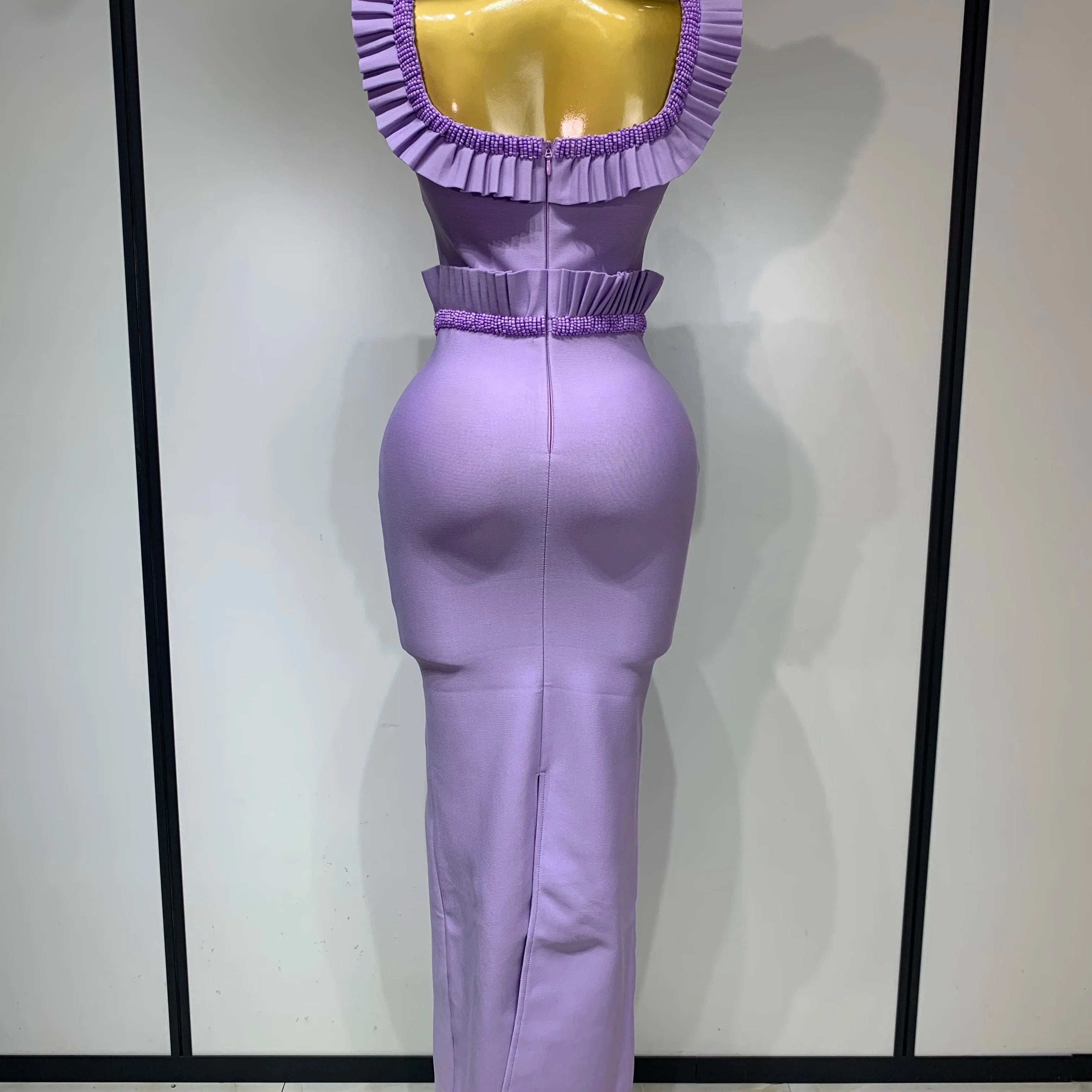 Women Sexy Square Collar Ruffles Beading Long Bodycon Bandage Dress  Celebrity Elegant Evening Club Party Birthday Dress