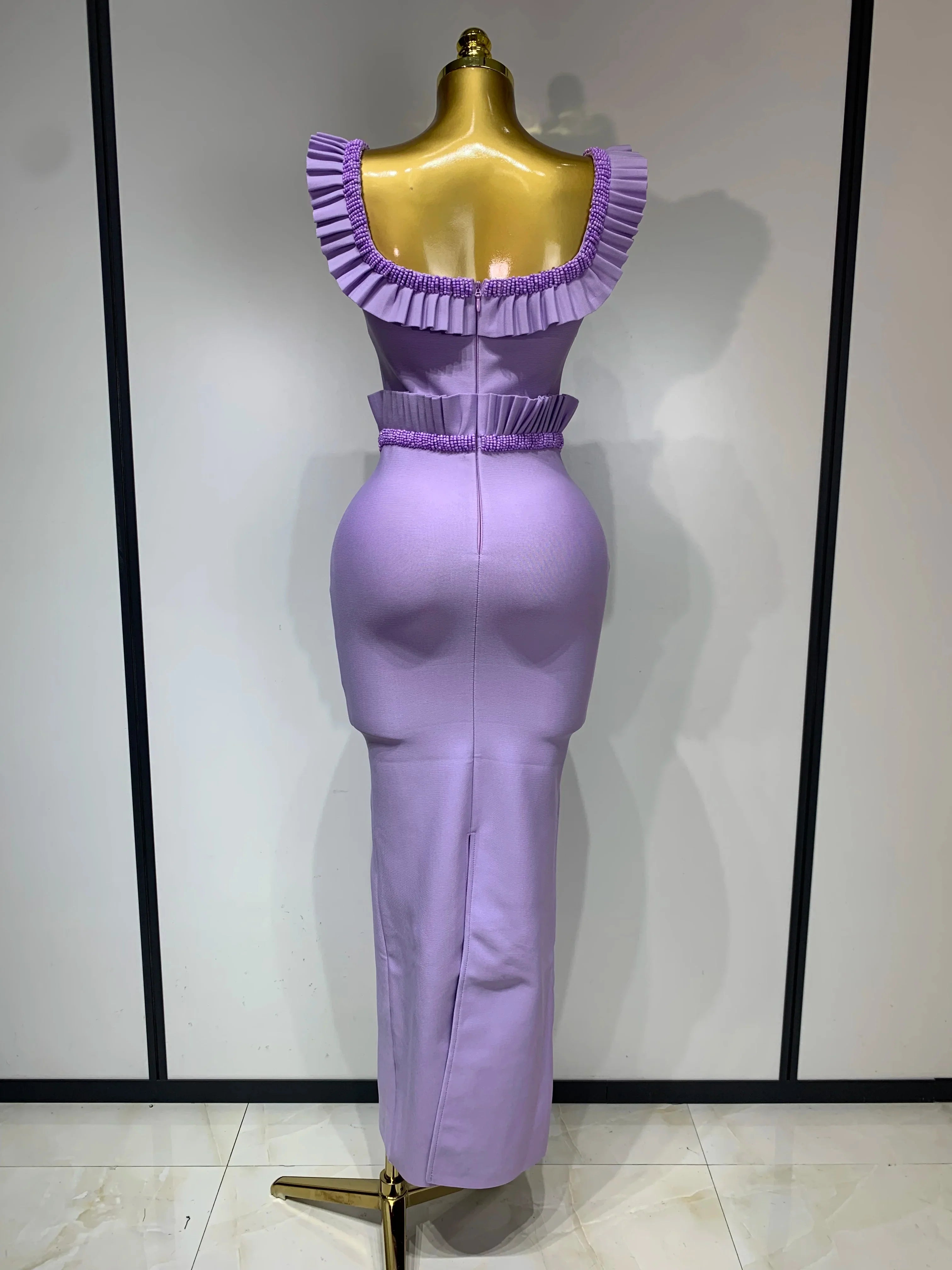 Women Sexy Square Collar Ruffles Beading Long Bodycon Bandage Dress  Celebrity Elegant Evening Club Party Birthday Dress