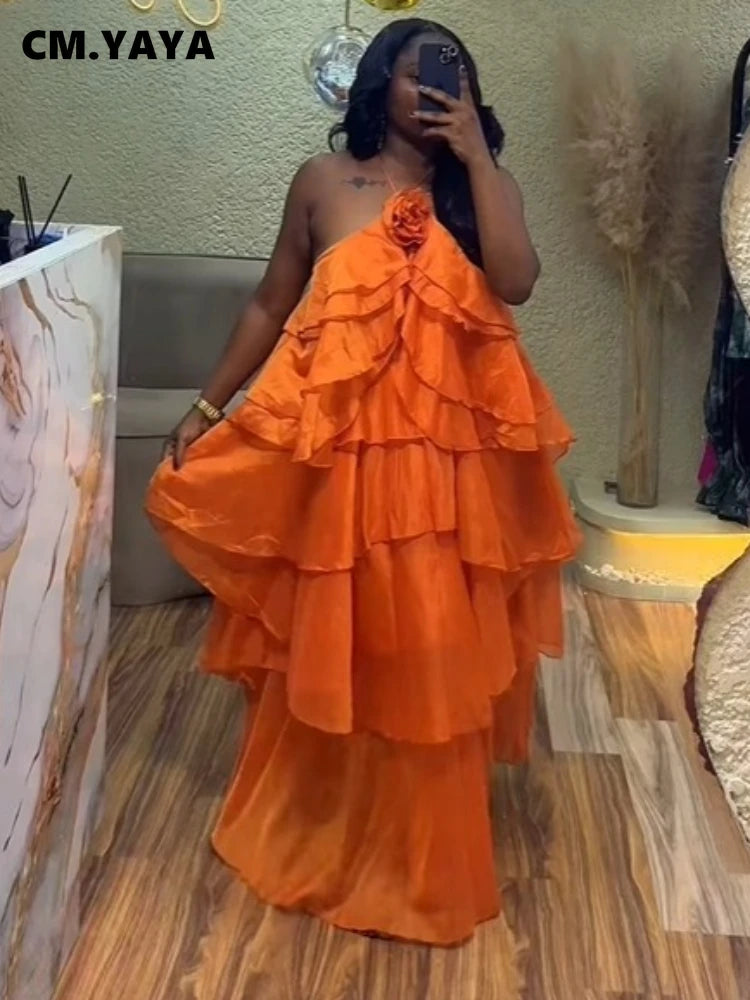 CM.YAYA Women Sleeveless Ruffles Loose Ball Gown Smock Strap Maxi Long Sexy Dress 2025 Birthday Vacation Party Dresses Vestidos