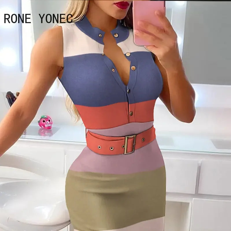 Women Chic Striped Button Decor with Belts Basic Sleeveless Midi Knitting Dresses