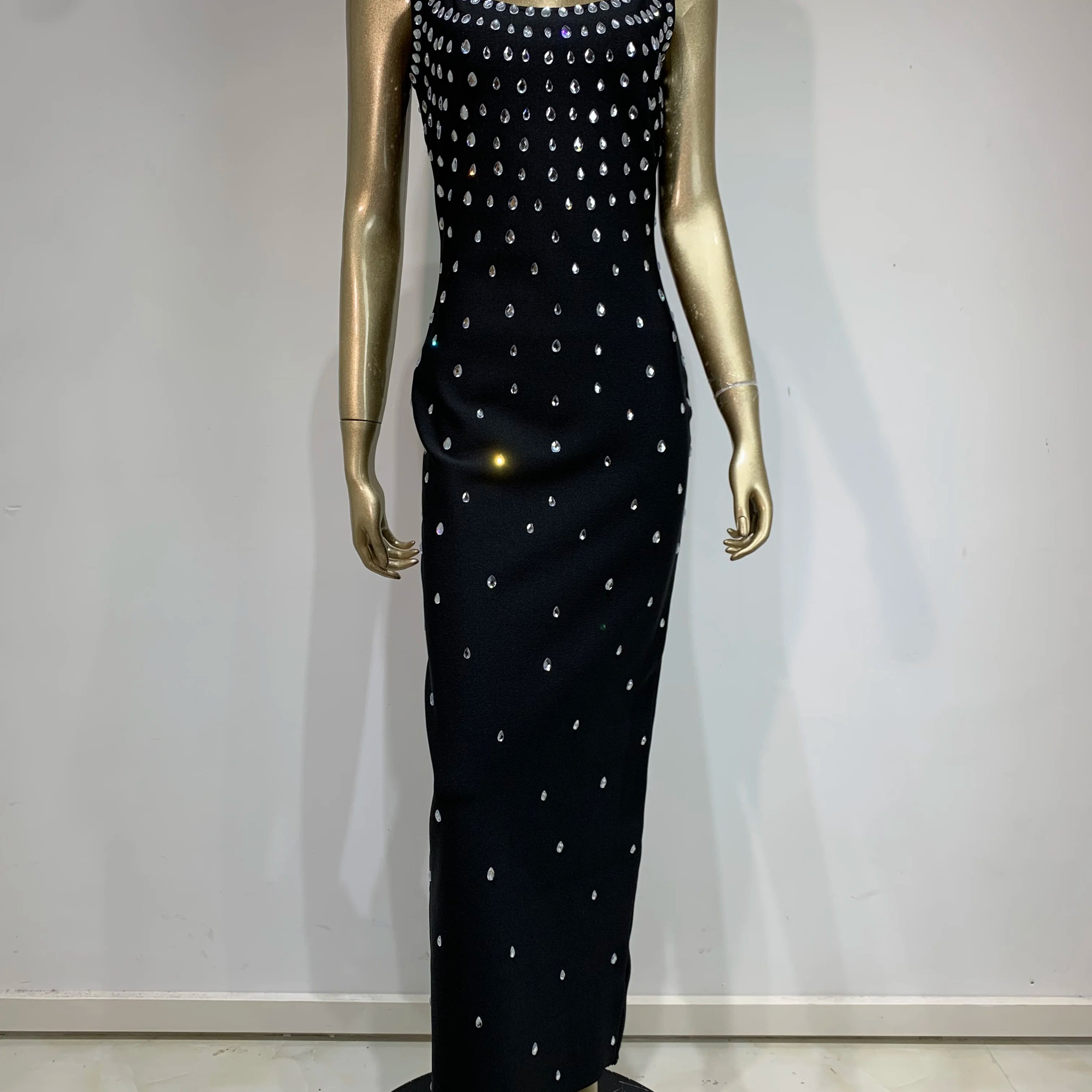 Women Celebrity Sexy Tank Studded Sky Blue Black Maxi Long Bodycon Bandage Dress 2024 Elegant Evening Club Party Outfit