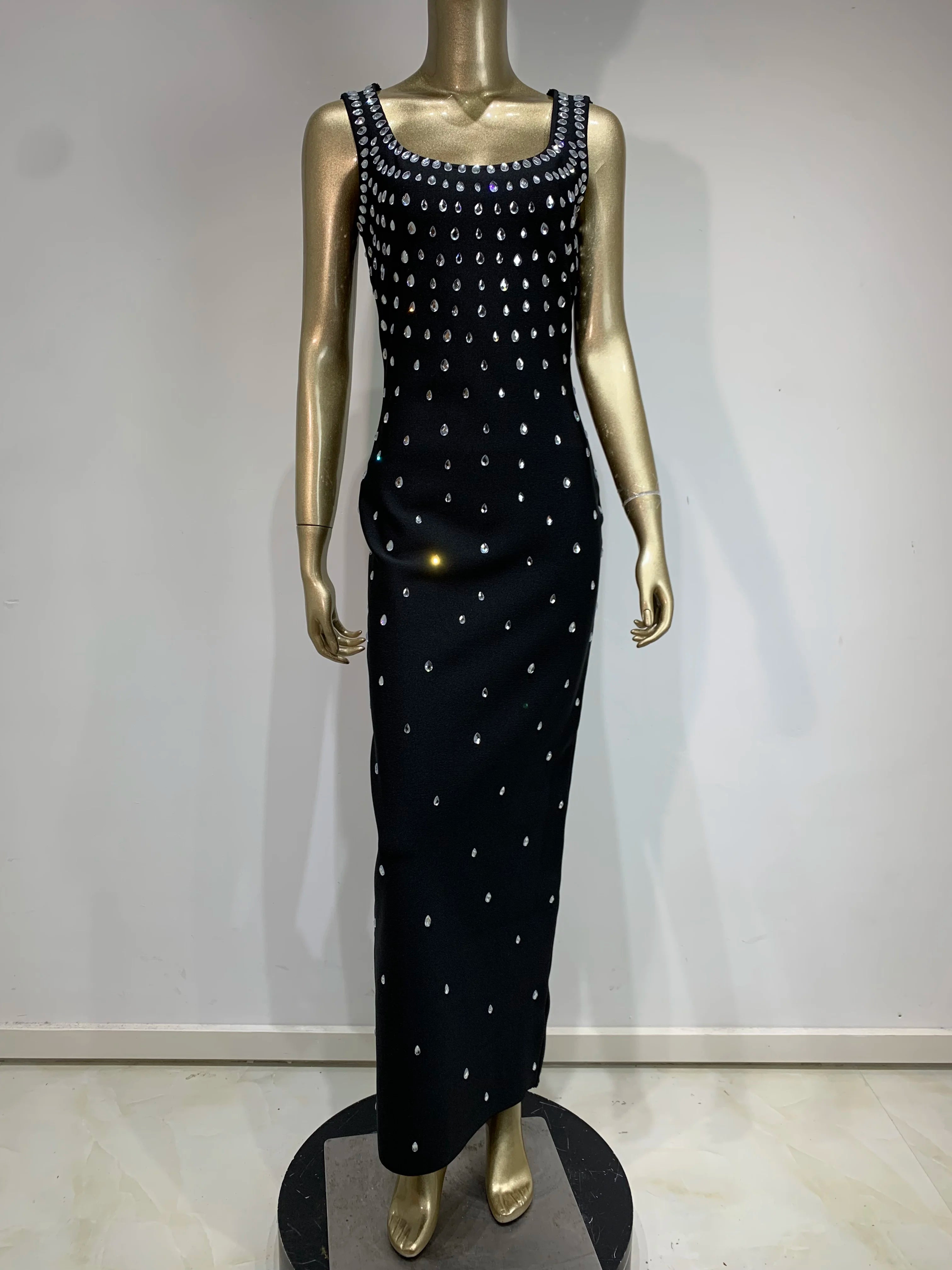 Women Celebrity Sexy Tank Studded Sky Blue Black Maxi Long Bodycon Bandage Dress 2024 Elegant Evening Club Party Outfit