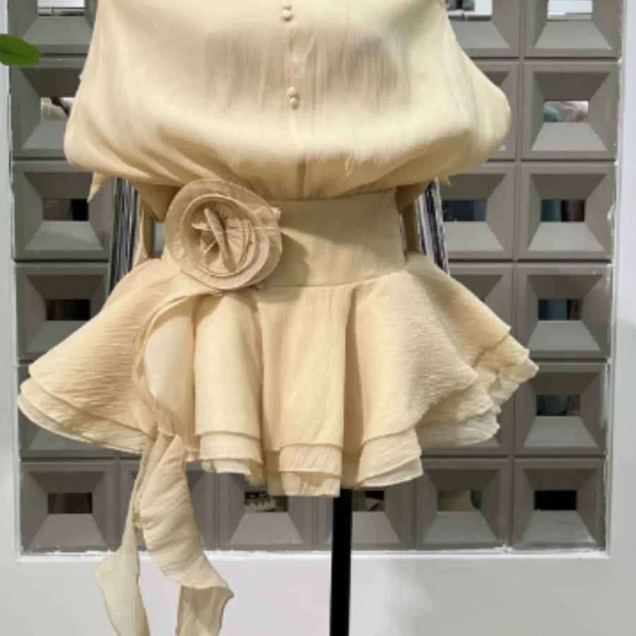 Solid Loose Spliced Ruffles Mini Dresses for Women Slash Neck Sleeveless Patchwork 3D Flower Dress Female Clothing