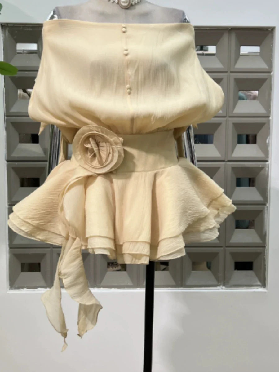 Solid Loose Spliced Ruffles Mini Dresses for Women Slash Neck Sleeveless Patchwork 3D Flower Dress Female Clothing