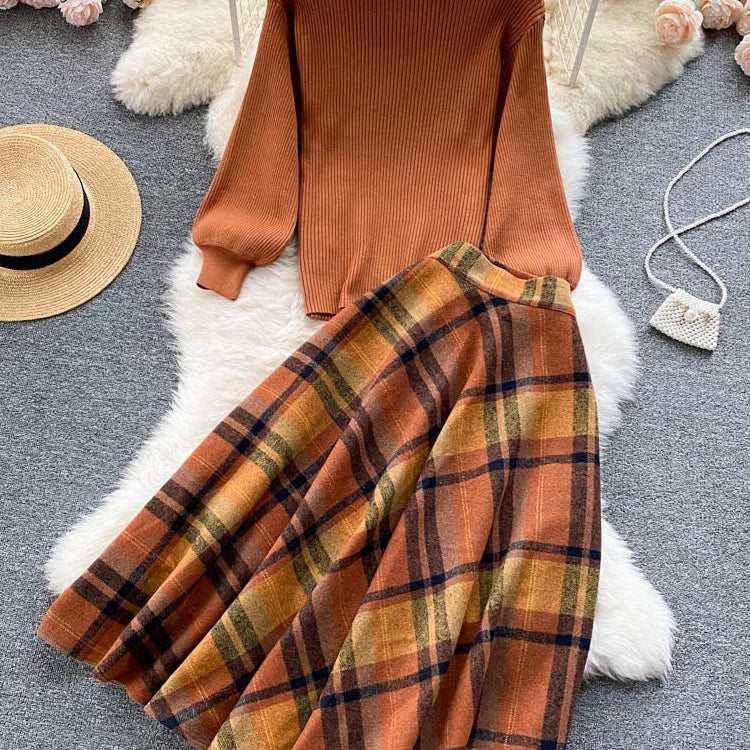 SINGREINY Women Retro Sweater Suits Fashion Lantern Sleeve Sheath Knitted Top+Elastic Loose Long Skirt Two Pieces Sets