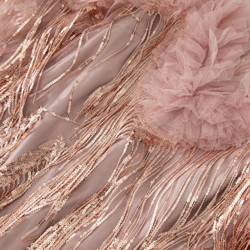 Solid Spliced Tassels Elegant Dresses for Women Round Neck Short Sleeves Patchwork Fungus Folds Dress Female New