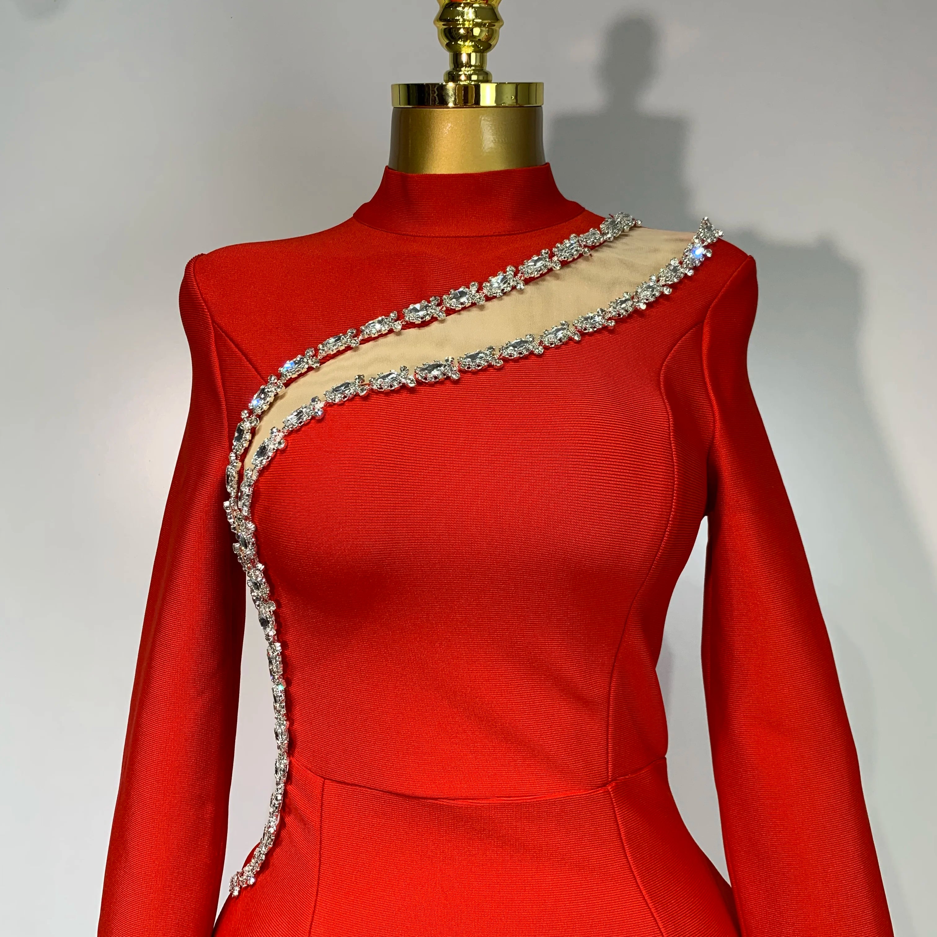 Sparkly Rhinestone Long Sleeve Red Bodycon Bandage Dress Women Wedding Evening Club Party Prom Gowns Luxury Birthday Dresses