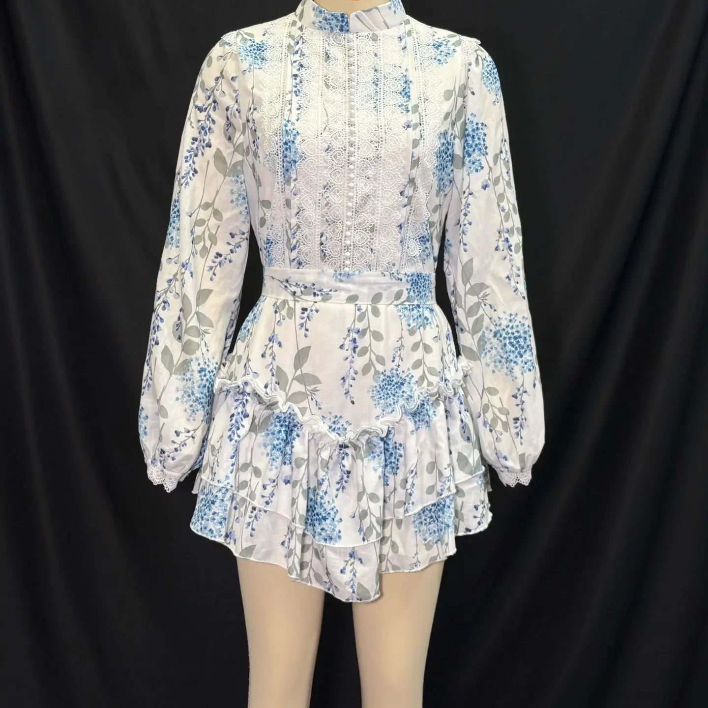 TWOTWINSTYLE Hit Color Spliced Printing Elegant Dresses for Women High Waist Long Sleeves Patchwork Ruffles Folds Dress Female