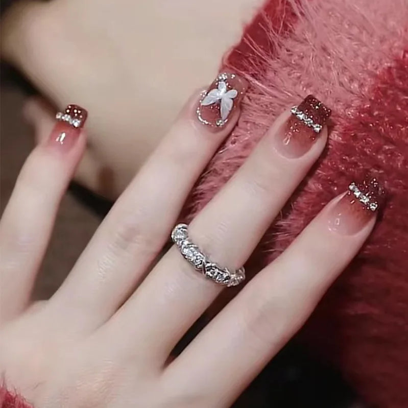 24Pcs Mid-length Gradient Finger Nails with White Butterfly Pattern Designs French Fake Nails Diamond Wearable Fashion Nail Tips