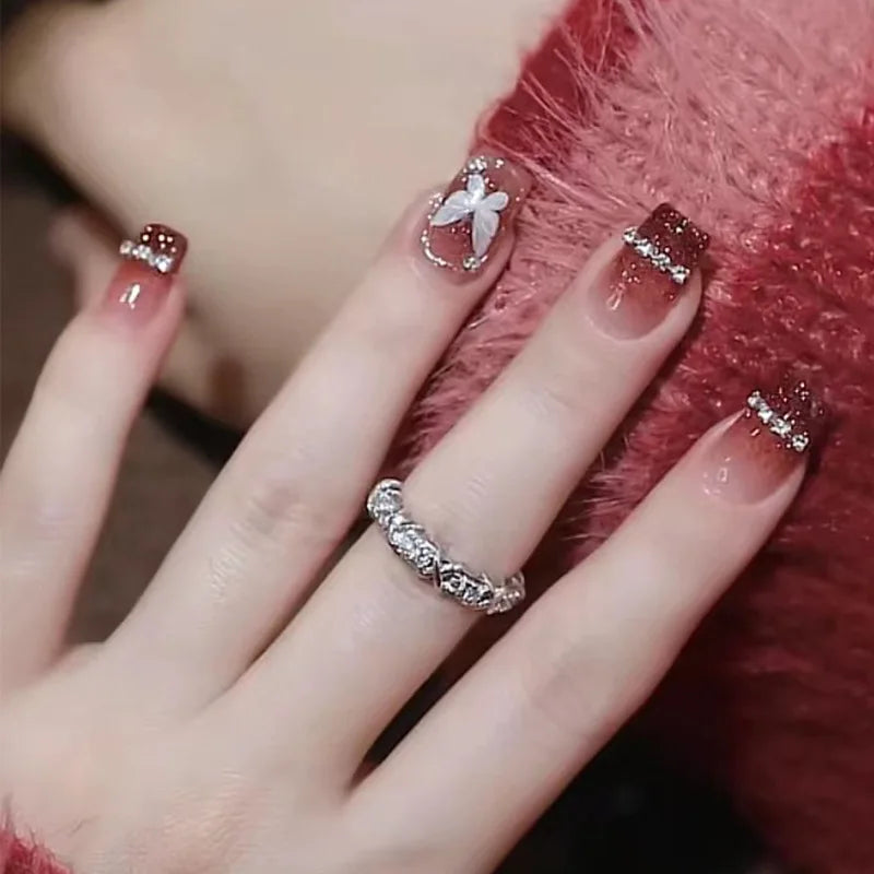 24Pcs Mid-length Gradient Finger Nails with White Butterfly Pattern Designs French Fake Nails Diamond Wearable Fashion Nail Tips